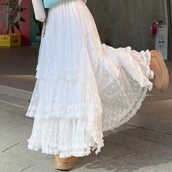 White Casual Women's High Waist Lace Flare Ruffle Skirt - Picture 2 of 4